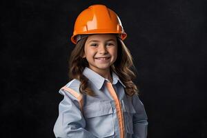 retrato do uma sorridente pequeno menina dentro uma construção capacete ai gerado foto