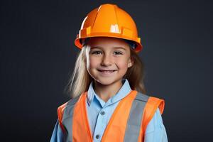 retrato do uma sorridente pequeno menina dentro uma construção capacete ai gerado foto