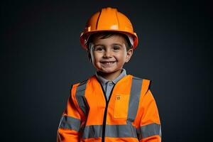 retrato do uma fofa pequeno Garoto dentro uma construção capacete ai gerado foto