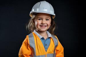 retrato do uma sorridente pequeno menina dentro uma construção capacete ai gerado foto