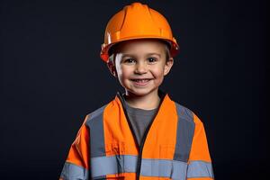 retrato do uma fofa pequeno Garoto dentro uma construção capacete ai gerado foto