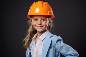 retrato do uma sorridente pequeno menina dentro uma construção capacete ai gerado foto