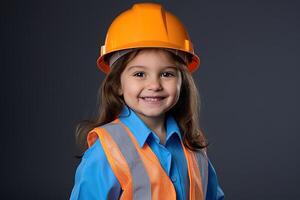 retrato do uma sorridente pequeno menina dentro uma construção capacete ai gerado foto