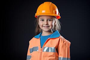 retrato do uma sorridente pequeno menina dentro uma construção capacete ai gerado foto