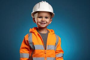 retrato do uma fofa pequeno Garoto dentro uma construção capacete ai gerado foto