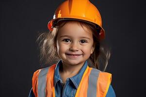 retrato do uma sorridente pequeno menina dentro uma construção capacete ai gerado foto