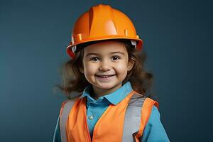 retrato do uma sorridente pequeno menina dentro uma construção capacete ai gerado foto