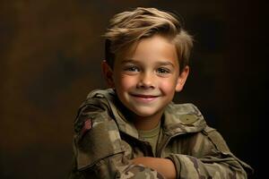 retrato do uma fofa pequeno Garoto dentro militares uniforme em Sombrio fundo ai gerado foto