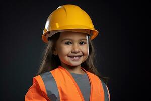 retrato do uma sorridente pequeno menina dentro uma construção capacete ai gerado foto