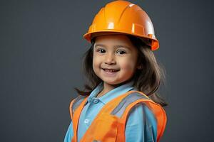 retrato do uma sorridente pequeno menina dentro uma construção capacete ai gerado foto