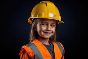 retrato do uma sorridente pequeno menina dentro uma construção capacete ai gerado foto