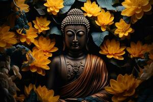 uma dourado Buda estátua cercado de flores ai gerado foto