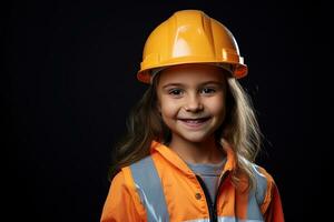 retrato do uma sorridente pequeno menina dentro uma construção capacete ai gerado foto