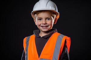 retrato do uma fofa pequeno Garoto dentro uma construção capacete ai gerado foto