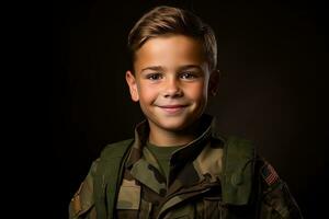 retrato do uma fofa pequeno Garoto dentro militares uniforme em Sombrio fundo ai gerado foto