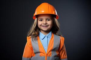 retrato do uma sorridente pequeno menina dentro uma construção capacete ai gerado foto