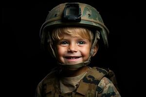 retrato do uma fofa pequeno Garoto dentro militares uniforme em Sombrio fundo ai gerado foto