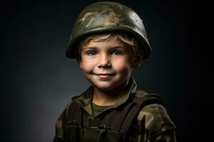 retrato do uma fofa pequeno Garoto dentro militares uniforme em Sombrio fundo ai gerado foto