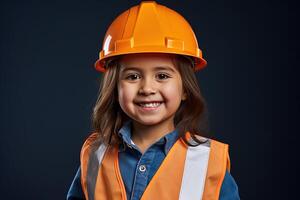 retrato do uma sorridente pequeno menina dentro uma construção capacete ai gerado foto