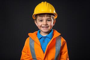 retrato do uma fofa pequeno Garoto dentro uma construção capacete ai gerado foto