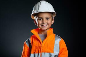 retrato do uma fofa pequeno Garoto dentro uma construção capacete ai gerado foto