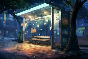 ônibus Pare luzes noite animê visual romance jogo. gerar ai foto