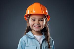 retrato do uma sorridente pequeno menina dentro uma construção capacete ai gerado foto