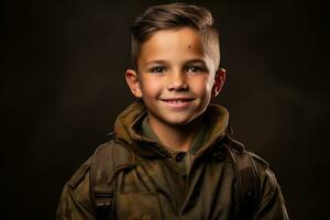 retrato do uma fofa pequeno Garoto dentro militares uniforme em Sombrio fundo ai gerado foto