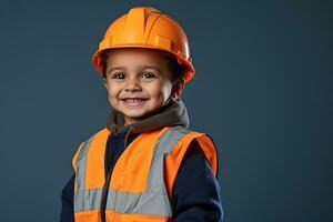 retrato do uma fofa pequeno Garoto dentro uma construção capacete ai gerado foto