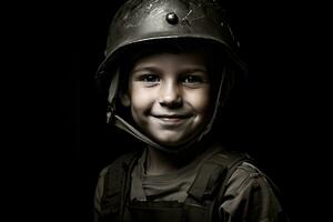 retrato do uma fofa pequeno Garoto dentro militares uniforme em Sombrio fundo ai gerado foto