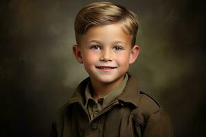 retrato do uma fofa pequeno Garoto dentro militares uniforme em Sombrio fundo ai gerado foto