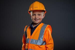 retrato do uma fofa pequeno Garoto dentro uma construção capacete ai gerado foto