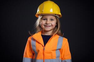 retrato do uma sorridente pequeno menina dentro uma construção capacete ai gerado foto