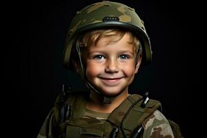 retrato do uma fofa pequeno Garoto dentro militares uniforme em Sombrio fundo ai gerado foto