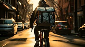 pedalar precisão. foto do uma homem ciclismo através a cidade, entregando Comida para clientes com Rapidez e eficiência