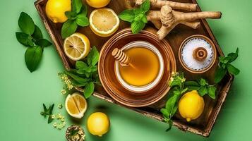 verde chá com limão e querida - seu imunidade impulso e frio remédio foto