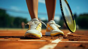 uma foco em a poderoso e ágil pernas do uma tênis atleta foto