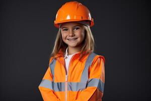 retrato do uma sorridente pequeno menina dentro uma construção capacete ai gerado foto