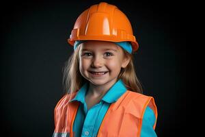 retrato do uma sorridente pequeno menina dentro uma construção capacete ai gerado foto