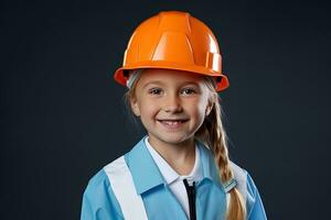 retrato do uma sorridente pequeno menina dentro uma construção capacete ai gerado foto