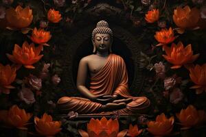 Buda estátua cercado de laranja flores em uma Preto fundo ai gerado foto