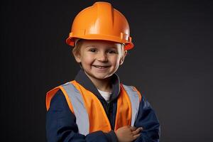 retrato do uma fofa pequeno Garoto dentro uma construção capacete ai gerado foto