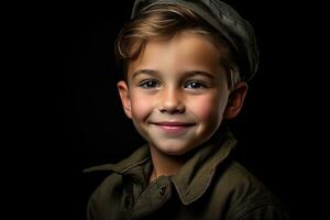 retrato do uma fofa pequeno Garoto dentro militares uniforme em Sombrio fundo ai gerado foto