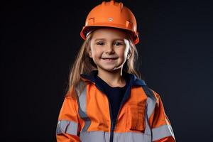 retrato do uma sorridente pequeno menina dentro uma construção capacete ai gerado foto