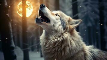 selvagem sinfonia, uma cinzento Lobo dentro uma inverno floresta uivos às a lua às noite foto