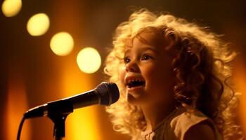 fofa menina cantando em estágio, encaracolado cabelo, alegre artista gerado de ai foto