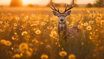 fofa veado pastar dentro Prado, cercado de flores silvestres e árvores gerado de ai foto