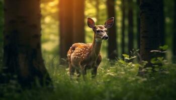 fofa veado roça dentro verde Prado, cercado de tranquilo natureza gerado de ai foto