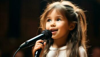 fofa menina cantando em estágio, alegre músico realizando com felicidade gerado de ai foto