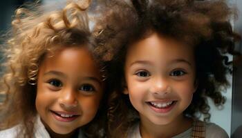 sorridente criança, alegre felicidade, fofa garotas, infância encaracolado cabelo retrato gerado de ai foto